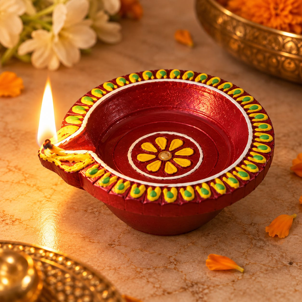 Terracotta Diya Set of 4 — Hand-Painted Clay Diyas with Floral Base Motif