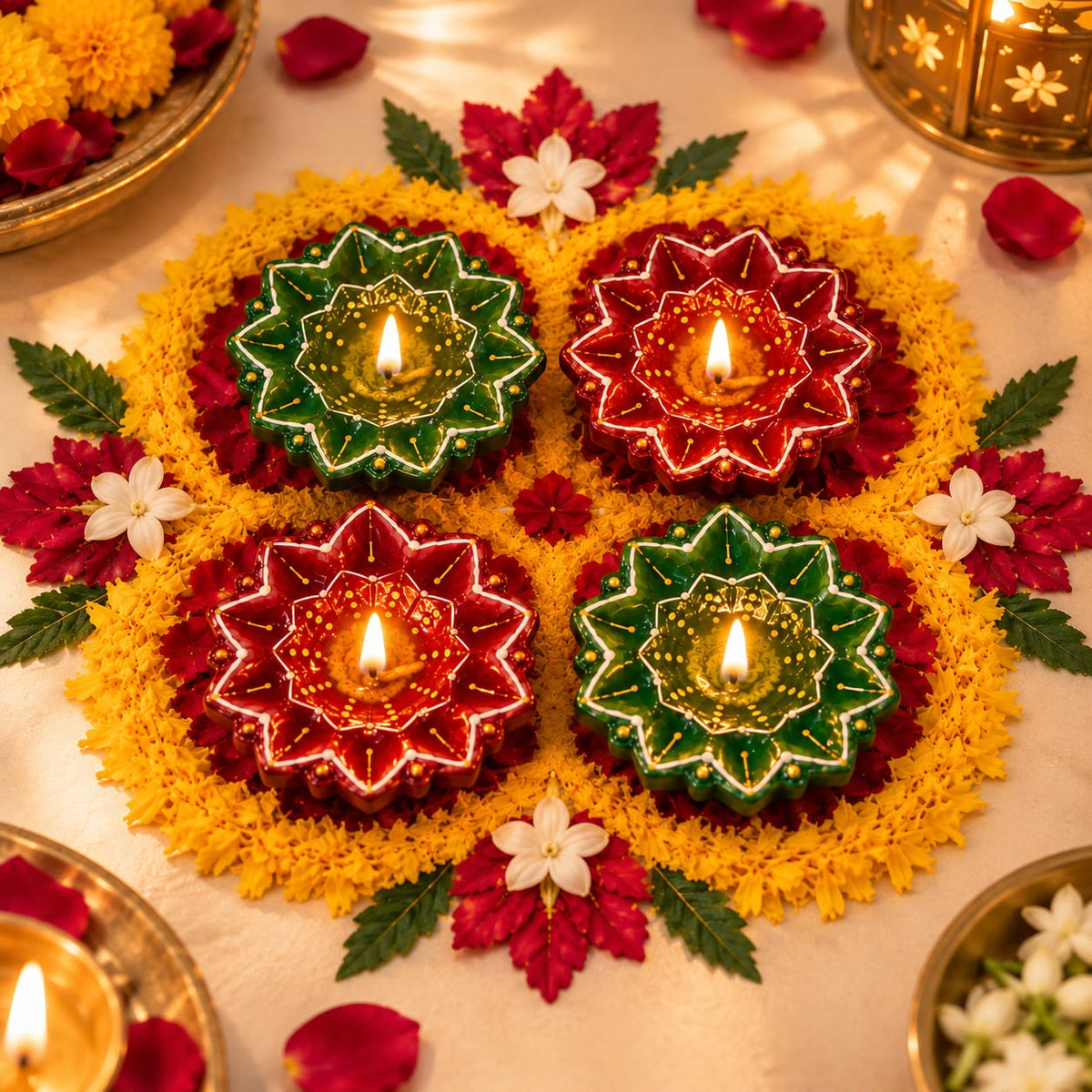 Terracotta Diya Set of 4 — Hand-Painted Clay Diyas with Star Flower Design