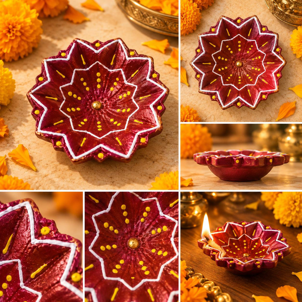 Terracotta Diya Set of 4 — Hand-Painted Clay Diyas with Star Flower Design