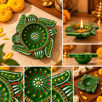 Terracotta Diya Set of 4: Hand-Painted Swastik Clay Diyas
