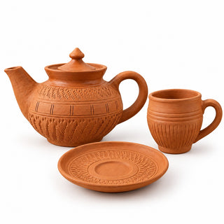 Terracotta Tea Set — Handcrafted Teapot, Cup & Saucer with Carved Detailing