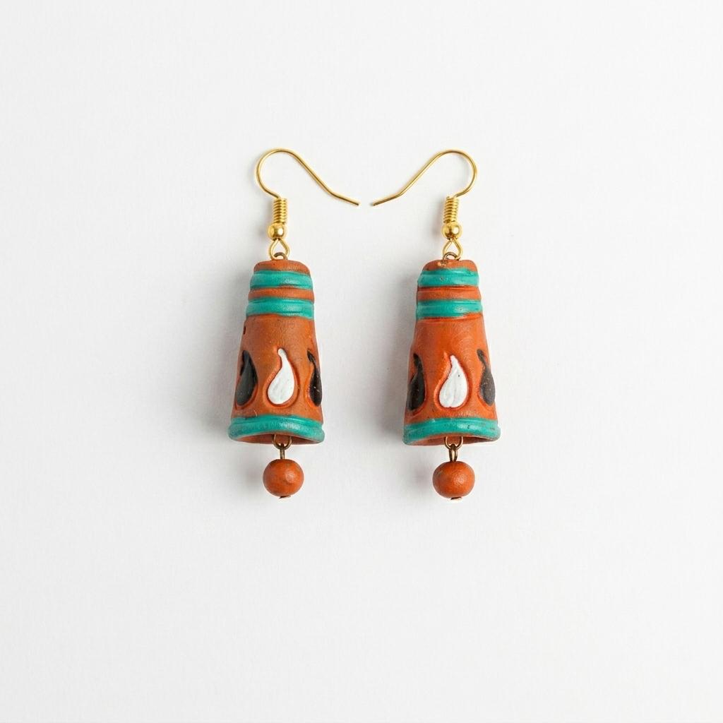 Terracotta Cone Drop Earrings — Hand-Painted Clay Earrings in Terracotta & Teal