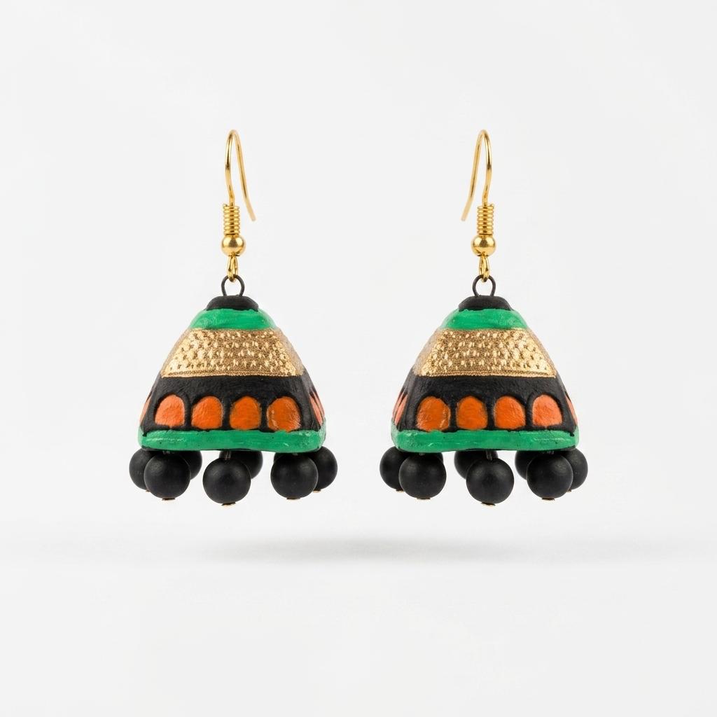 Terracotta Jhumka Earrings — Handcrafted Black, Gold & Green Clay Jhumkas