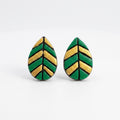 Terracotta Leaf Stud Earrings — Hand-Painted Green & Gold Clay Earrings