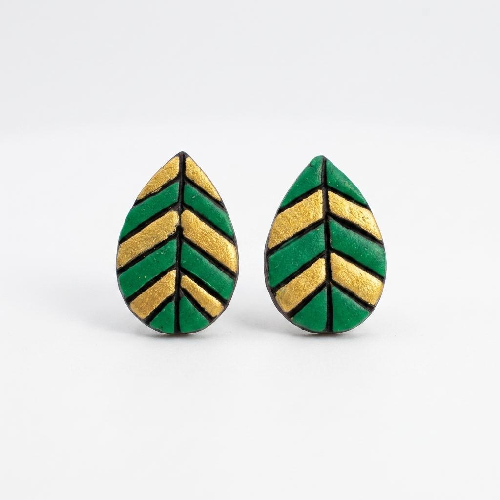 Terracotta Leaf Stud Earrings — Hand-Painted Green & Gold Clay Earrings