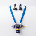 Terracotta Blue Barrel Necklace Set — Handcrafted Clay Necklace with Jhumka Earrings