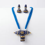 Terracotta Blue Barrel Necklace Set — Handcrafted Clay Necklace with Jhumka Earrings
