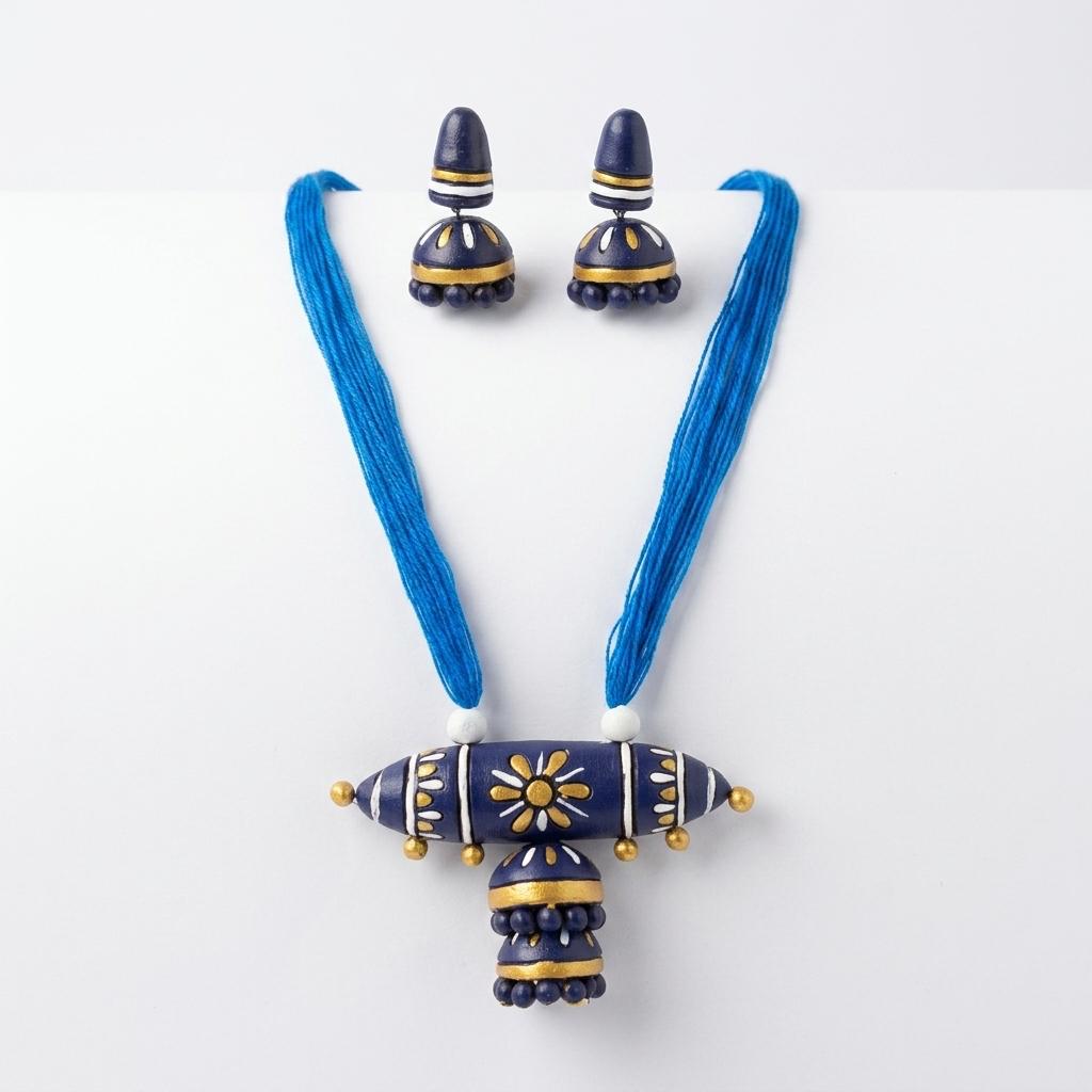 Terracotta Blue Barrel Necklace Set — Handcrafted Clay Necklace with Jhumka Earrings