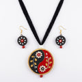 Terracotta Yin-Yang Necklace Set — Hand-Painted Floral Round Pendant & Earrings