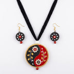 Terracotta Yin-Yang Necklace Set — Hand-Painted Floral Round Pendant & Earrings