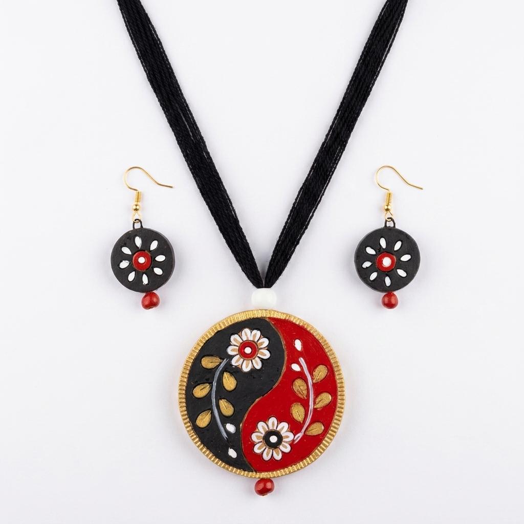 Terracotta Yin-Yang Necklace Set — Hand-Painted Floral Round Pendant & Earrings