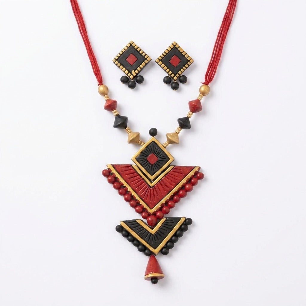 Terracotta Geometric Necklace Set — Red & Black Chevron Statement Set with Earrings