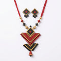 Terracotta Geometric Necklace Set — Red & Black Chevron Statement Set with Earrings