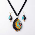 Terracotta Mandala Teardrop Necklace Set — Black Clay with Sunflower Folk Art Pendant & Earrings