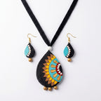 Terracotta Mandala Teardrop Necklace Set — Black Clay with Sunflower Folk Art Pendant & Earrings