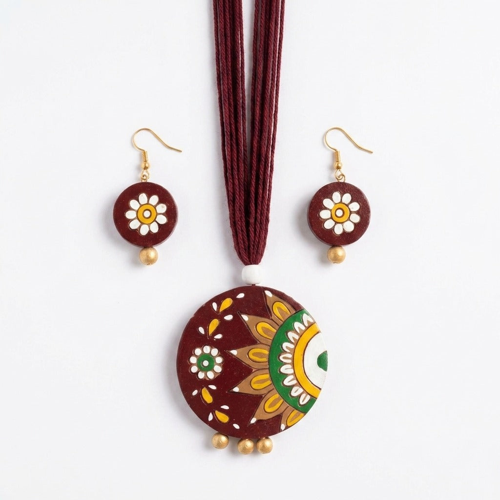 Terracotta Burgundy Mandala Necklace Set — Hand-Painted Floral Round Pendant & Earrings