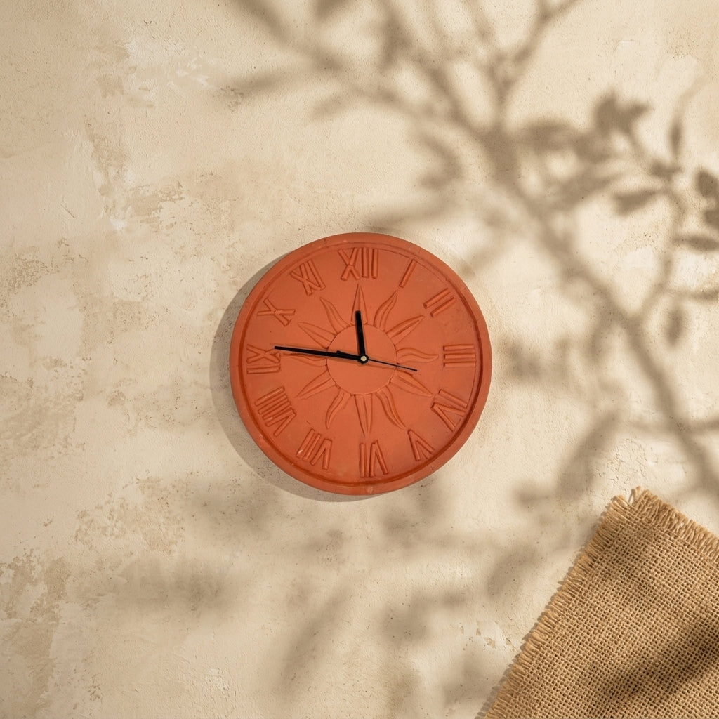 Terracotta Wall Clock — Round Clay Clock with Roman Numerals & Sun Motif