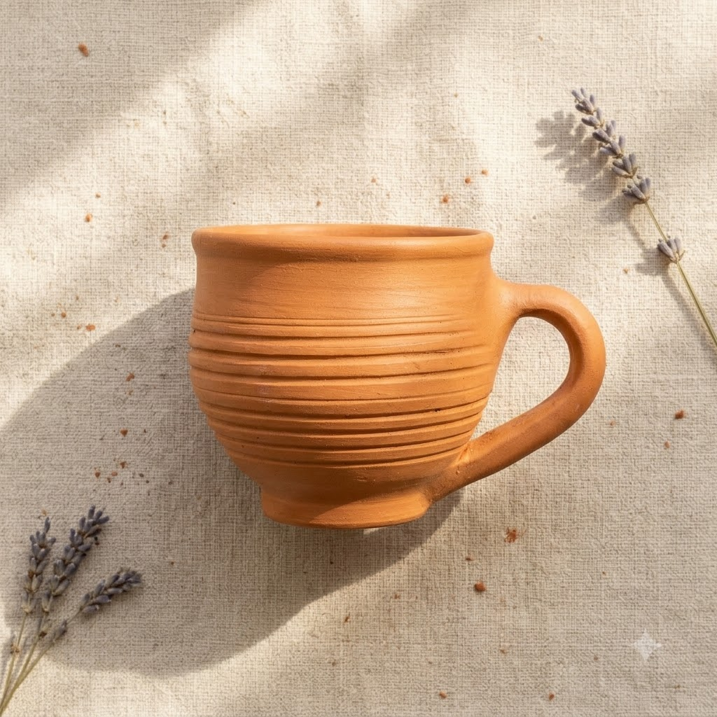 Terracotta Coffee Cup — Handmade Clay Cup with Spiral Ridged Body