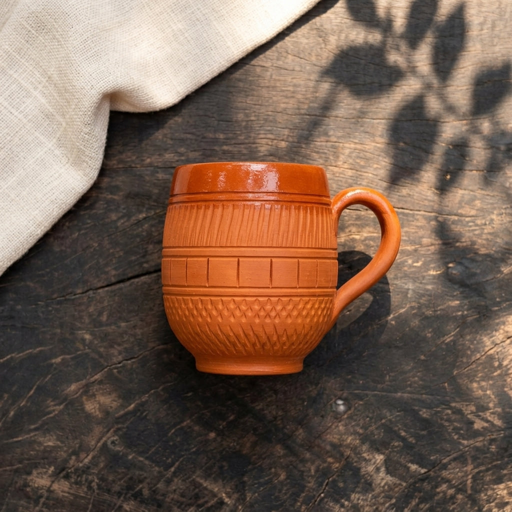 Terracotta Coffee Mug — Handmade Clay Barrel Mug with Woven Texture