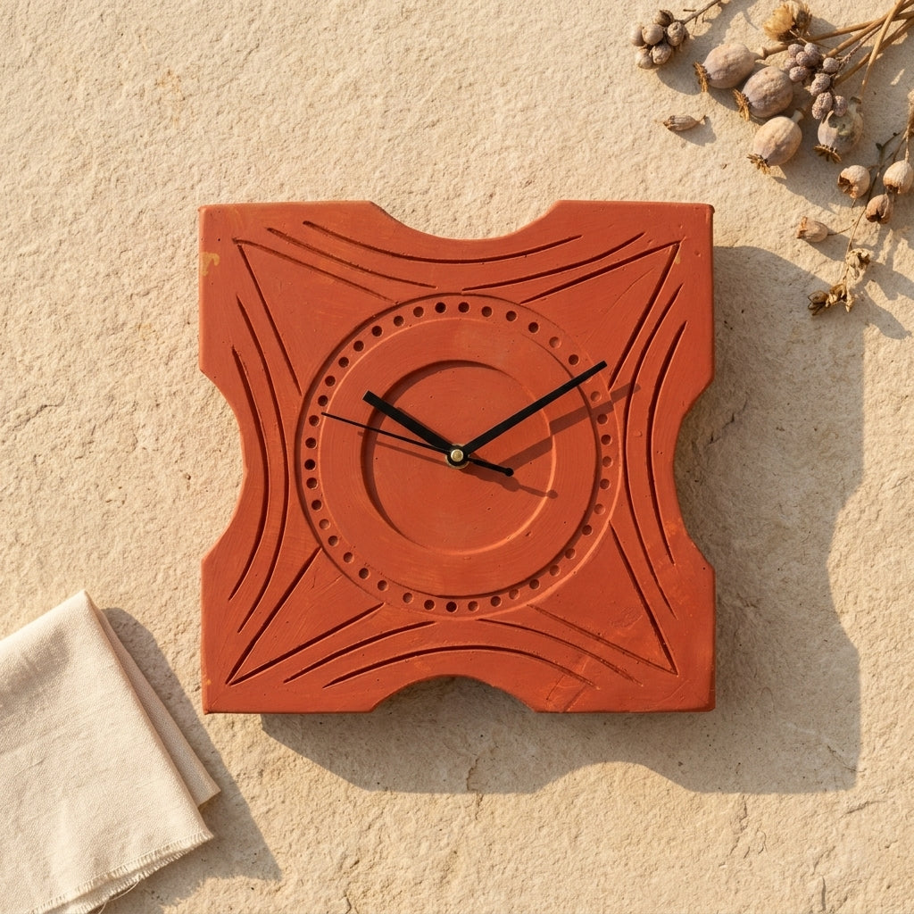 Terracotta Geometric Wall Clock — Curved Square with Arc & Dot Pattern
