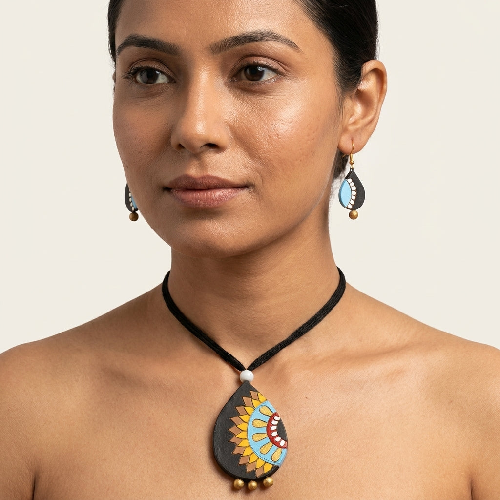 Terracotta Mandala Teardrop Necklace Set — Black Clay with Sunflower Folk Art Pendant & Earrings