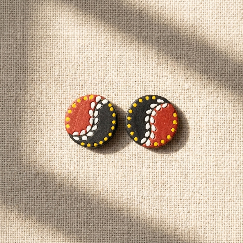 Terracotta Stud Earrings — Hand-Painted Folk Art Clay Studs in Black & Red