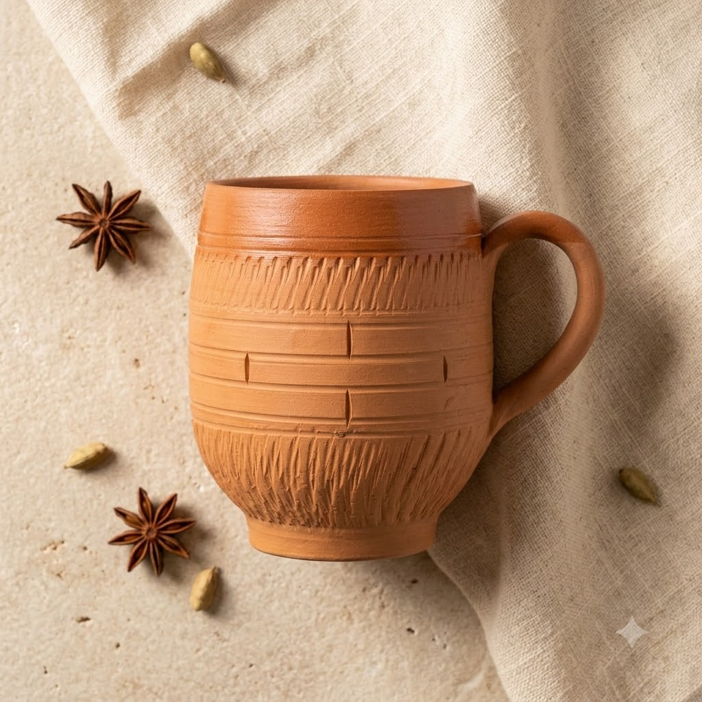 Terracotta Coffee Mug — Glazed Clay Mug with Hand-Carved Texture
