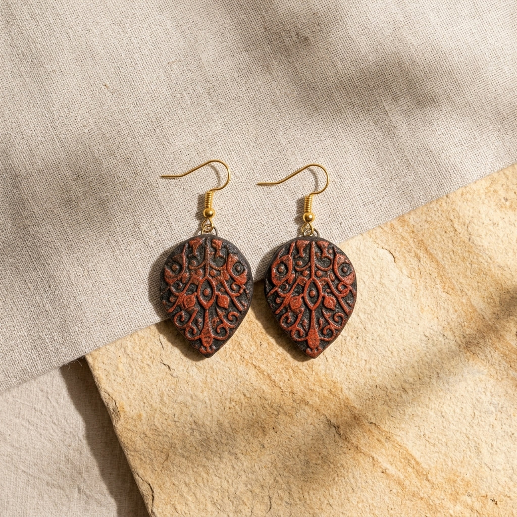 Terracotta Drop Earrings — Filigree Carved Clay Disc with Gold Hooks