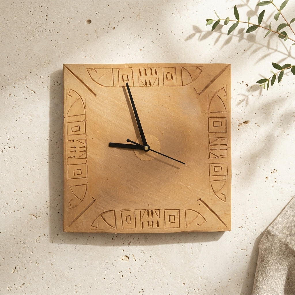 Terracotta Wall Clock — Handcrafted Clay Clock with Ancient Indus Script Border