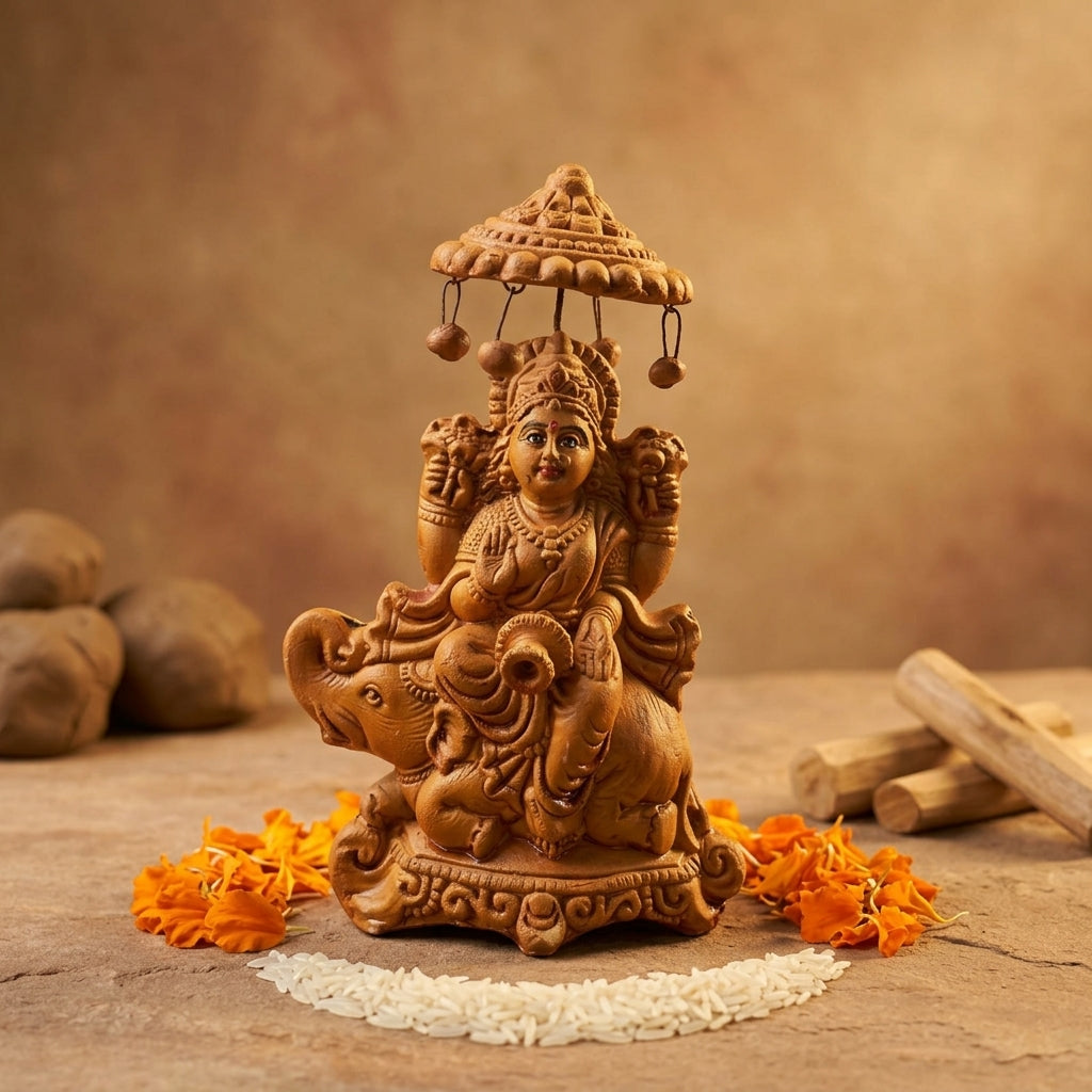 Terracotta Lakshmi Statue — Handcrafted Clay Goddess Lakshmi with Chatri on Elephant