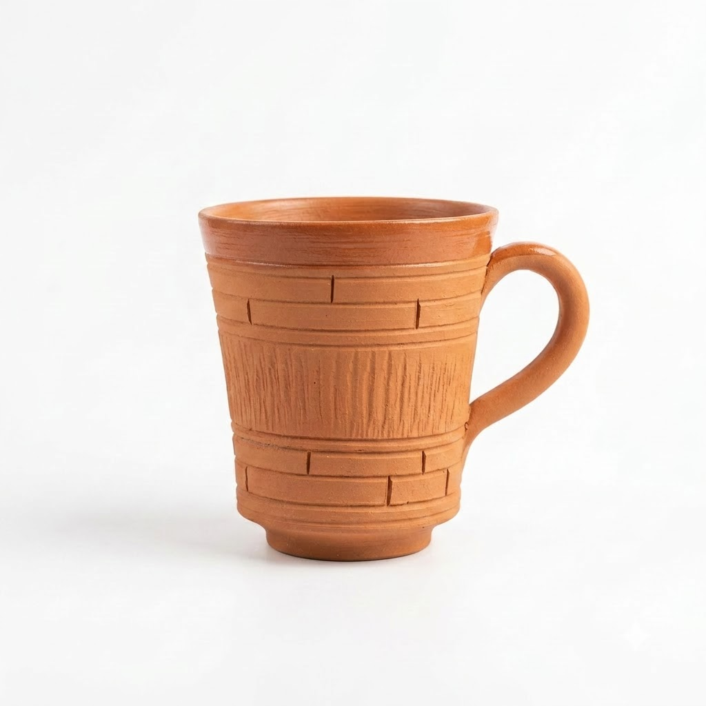 Terracotta Coffee Mug — Amber Glazed Clay Mug with Woven Texture