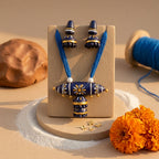 Terracotta Blue Barrel Necklace Set — Handcrafted Clay Necklace with Jhumka Earrings