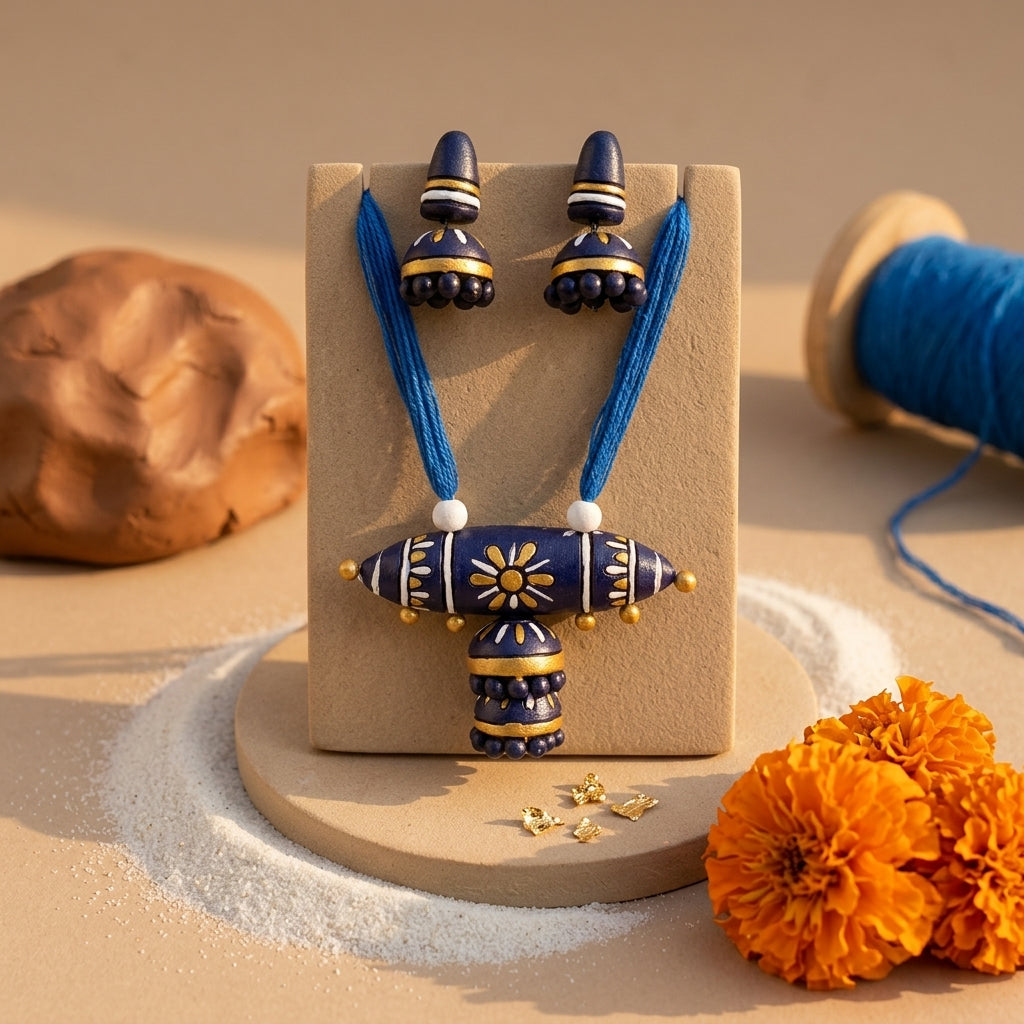 Terracotta Blue Barrel Necklace Set — Handcrafted Clay Necklace with Jhumka Earrings