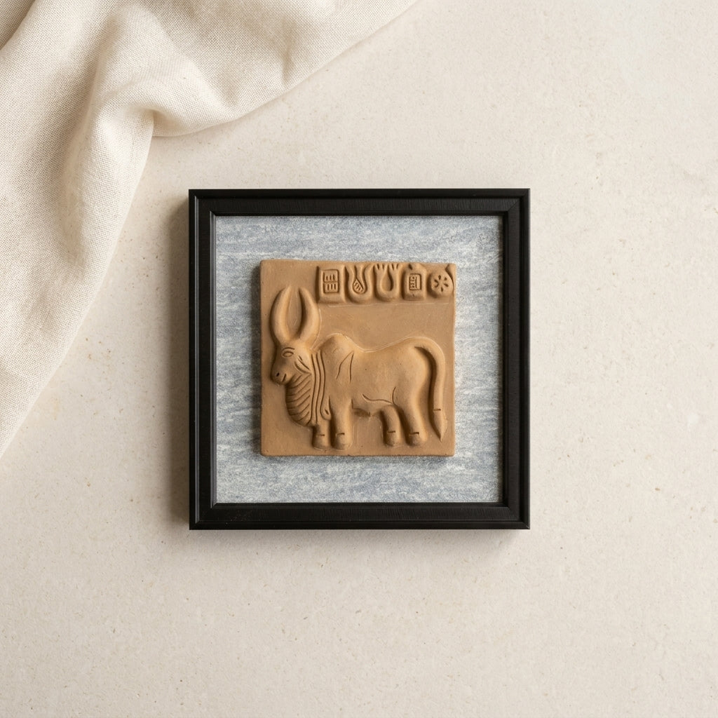 Terracotta Bull Wall Plaque — Framed Indus Valley Script Relief Art
