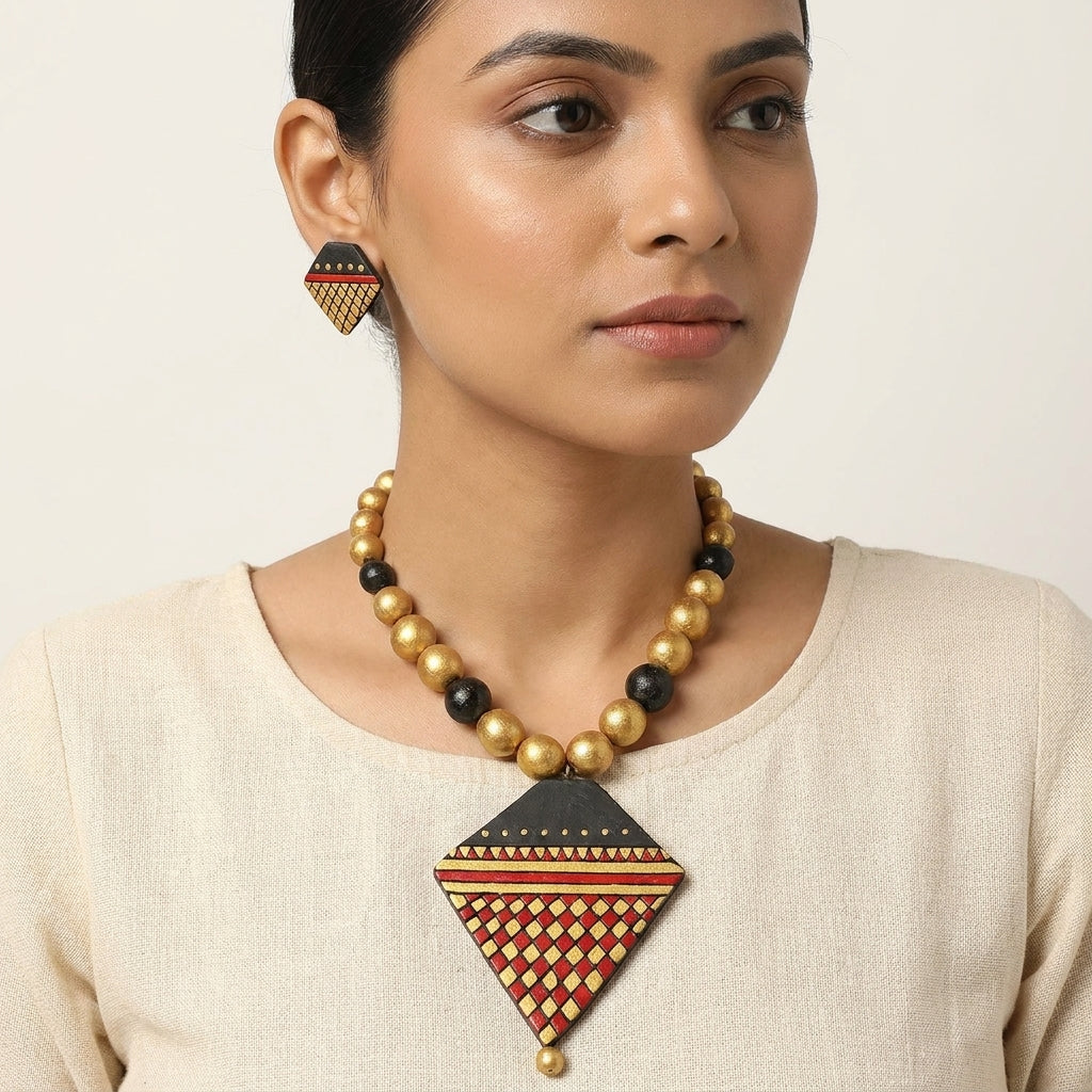 Terracotta Diamond Necklace Set — Gold Lattice Pendant & Matching Stud Earrings