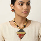 Terracotta Diamond Necklace Set — Gold Lattice Pendant & Matching Stud Earrings