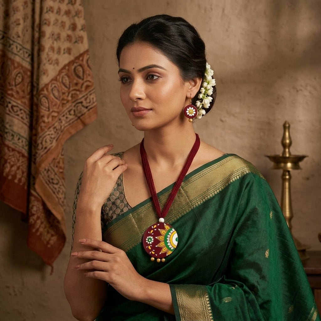 Terracotta Burgundy Mandala Necklace Set — Hand-Painted Floral Round Pendant & Earrings