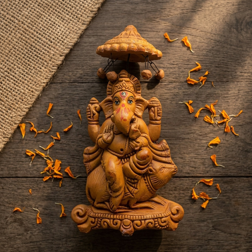 Terracotta Ganesha Statue — Handcrafted Clay Ganesha with Chatri & Mushak