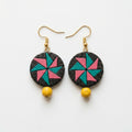 Terracotta Drop Earrings — Geometric Star Clay Disc with Yellow Bead Drop