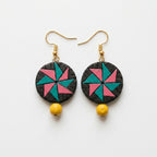 Terracotta Drop Earrings — Geometric Star Clay Disc with Yellow Bead Drop