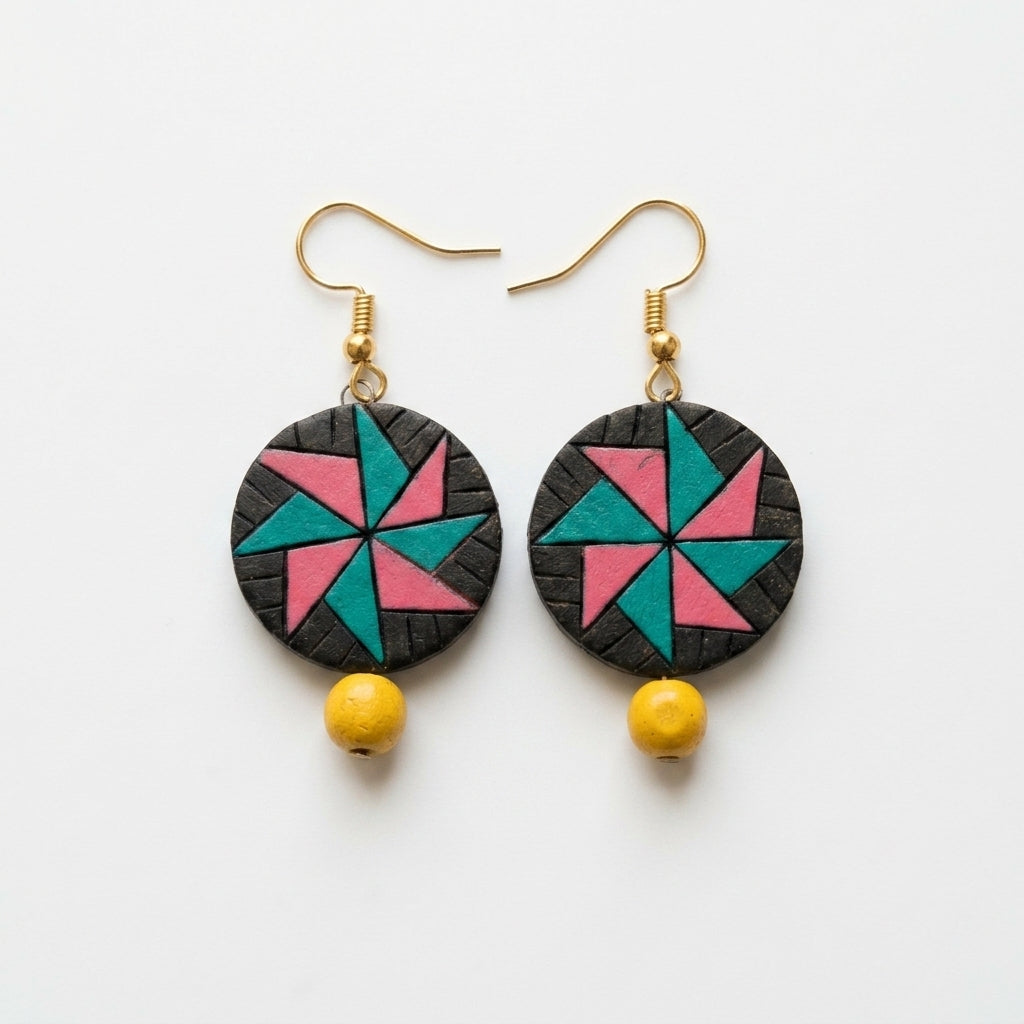 Terracotta Drop Earrings — Geometric Star Clay Disc with Yellow Bead Drop
