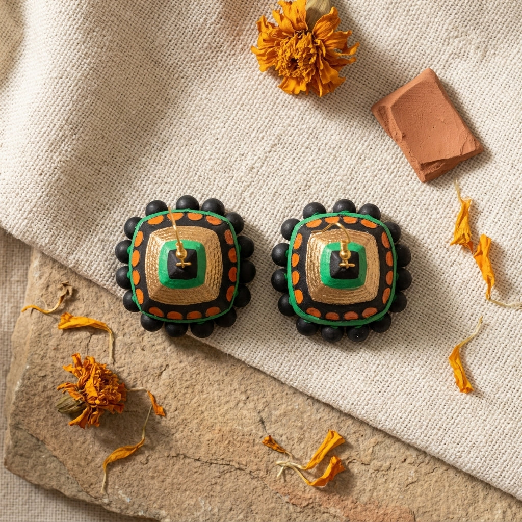 Terracotta Jhumka Earrings — Handcrafted Black, Gold & Green Clay Jhumkas