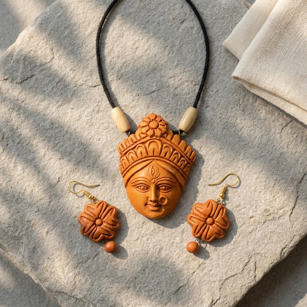 Terracotta Goddess Pendant Necklace — Hand-Sculpted Clay Devi Face