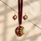 Terracotta Burgundy Mandala Necklace Set — Hand-Painted Floral Round Pendant & Earrings