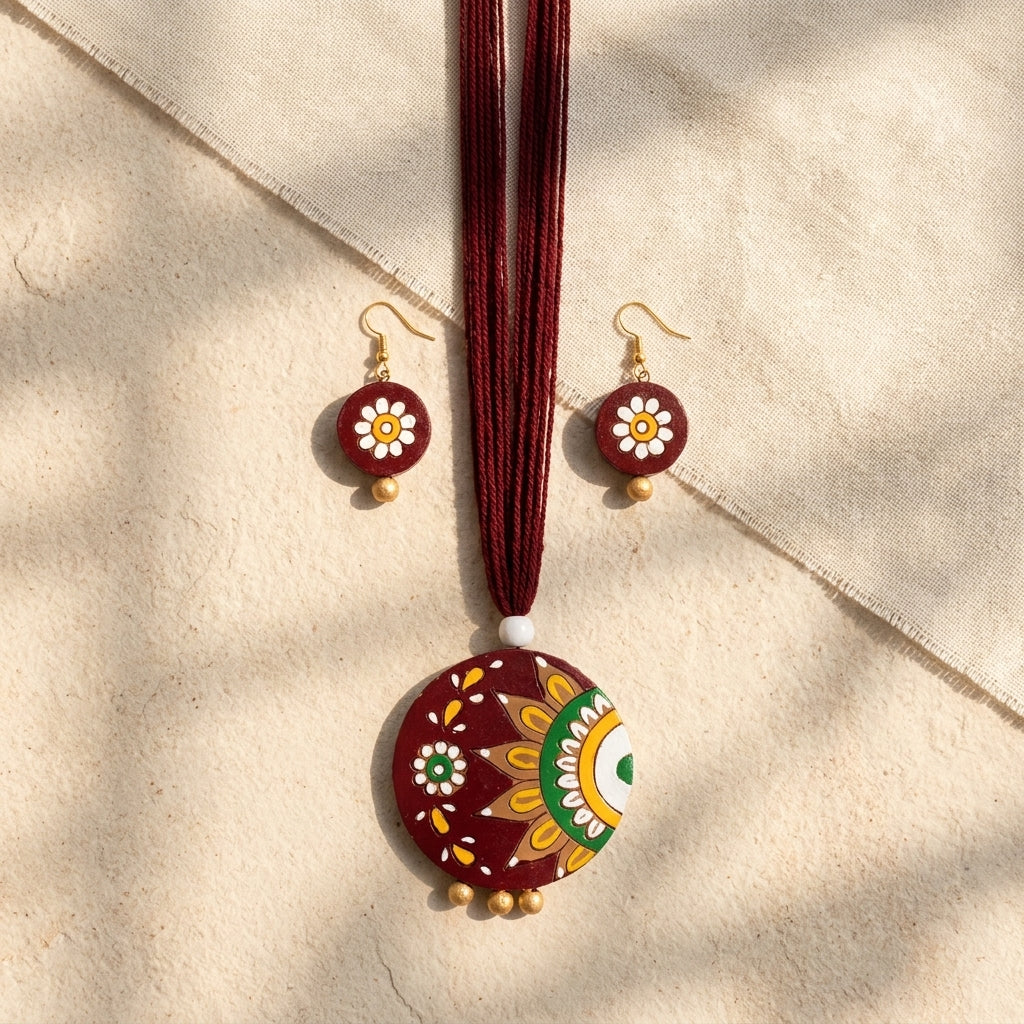 Terracotta Burgundy Mandala Necklace Set — Hand-Painted Floral Round Pendant & Earrings