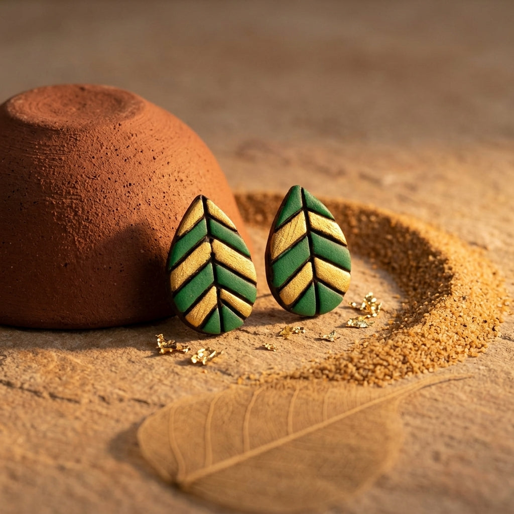 Terracotta Leaf Stud Earrings — Hand-Painted Green & Gold Clay Earrings