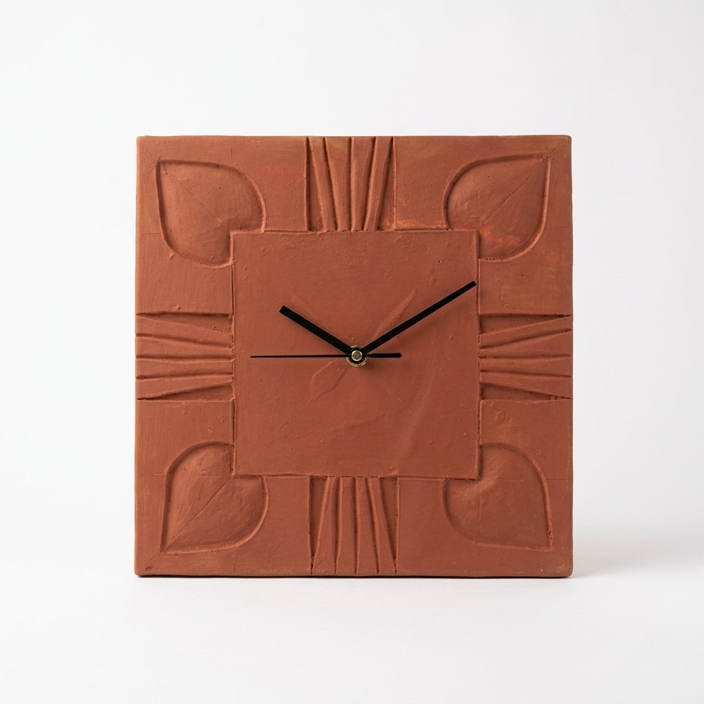 Terracotta Square Wall Clock — Leaf & Heart Relief, No Numbers