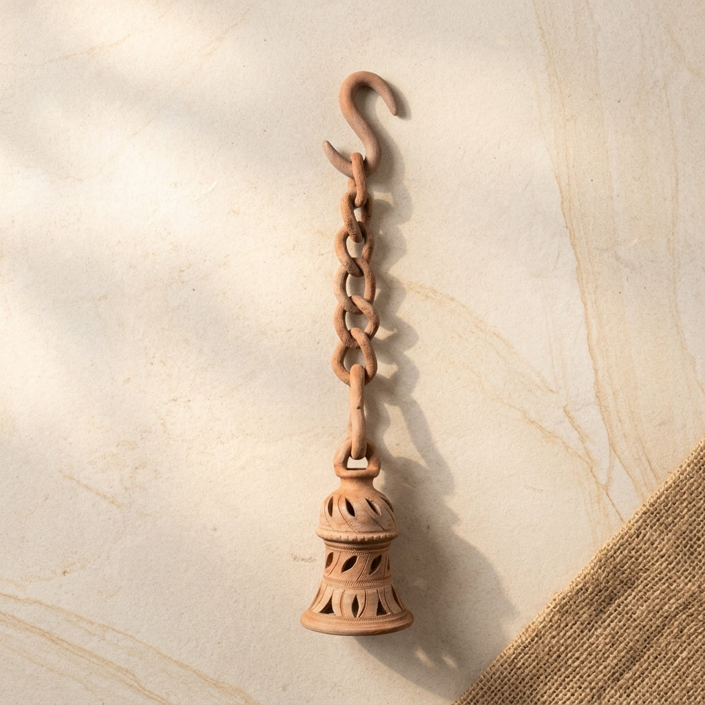 Terracotta Hanging Bulb Holder — Hand-Carved Clay Pendant with Chain & S-Hook