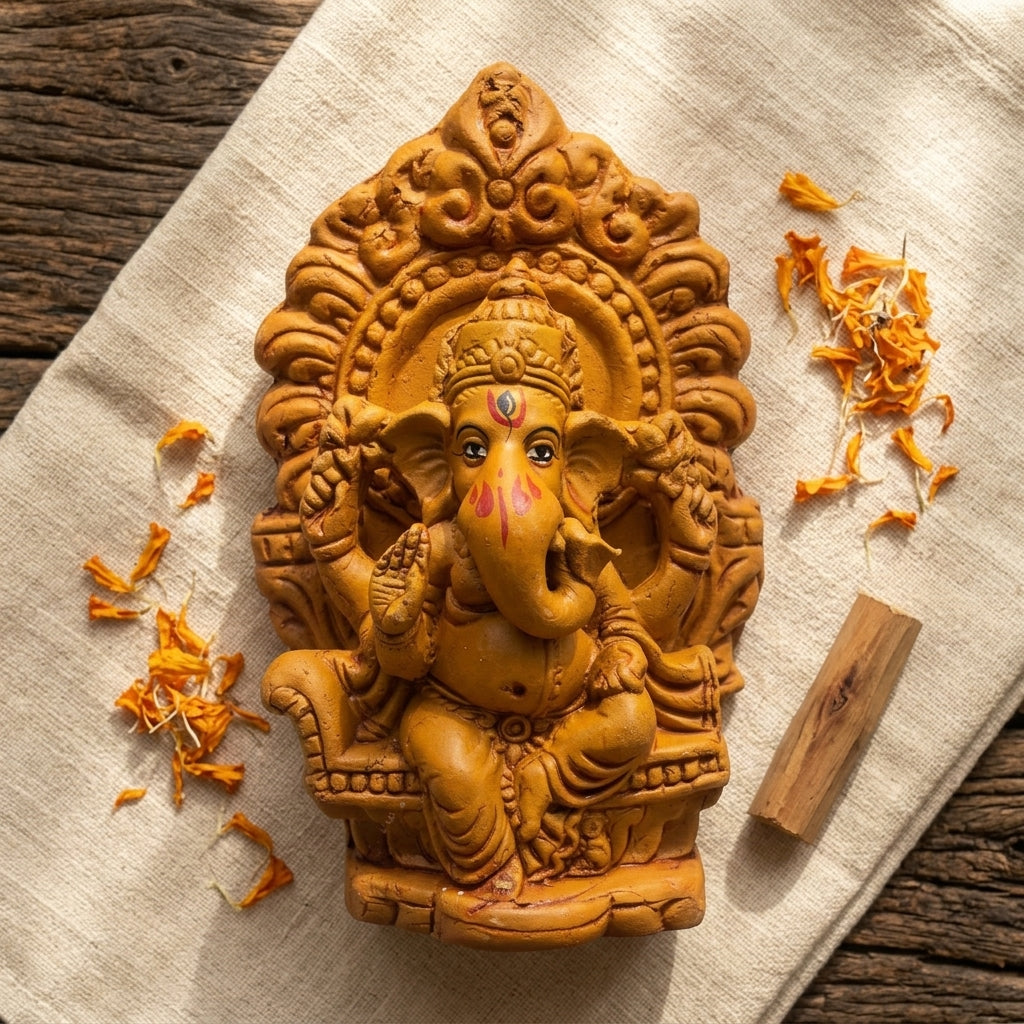 Terracotta Ganesha Statue — Handcrafted Clay Ganesha with Decorative Prabhavali