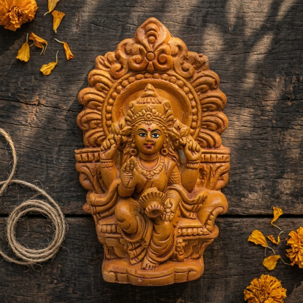 Terracotta Lakshmi Statue — Handcrafted Clay Goddess Lakshmi with Decorative Prabhavali